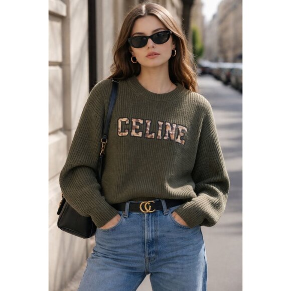 Celine Oversized Ribbed Wool Crew Neck Sweater Olive Green Leopard Embroidered L